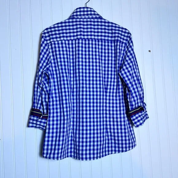 J. McLaughlin Women 12 Check Plaid White Blue Button Down Cotton Casual Shirt - Picture 6 of 8